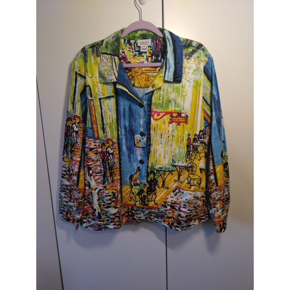 Women's Artsy Beaded Colorful Jacket Size 1x Statement Boho Paris Cafe Van Gogh